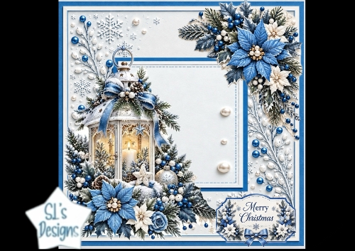 Blue Lantern & Poinsettias – Elegant Christmas Card Topper