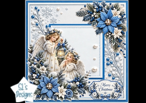 Christmas Angels & Blue Poinsettias – Peaceful Winter Card Topper