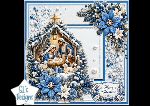 Blue Nativity Scene – Elegant Winter Christmas Card Topper