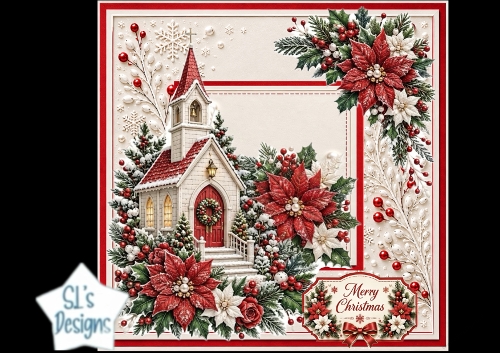 Red Poinsettia Church – Traditional Christmas Winter Card Topper