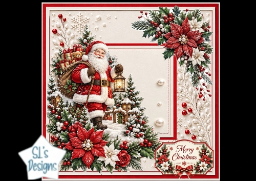 Traditional Santa & Red Poinsettias – Classic Christmas Card Topper