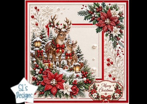 Reindeer Duo & Red Poinsettias – Classic Christmas Forest Topper