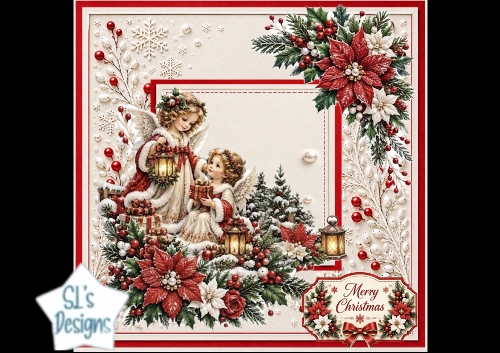 Christmas Angels & Red Poinsettias – Traditional Winter Card Topper