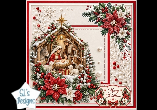 Red Nativity Scene – Traditional Christmas Manger Card Topper