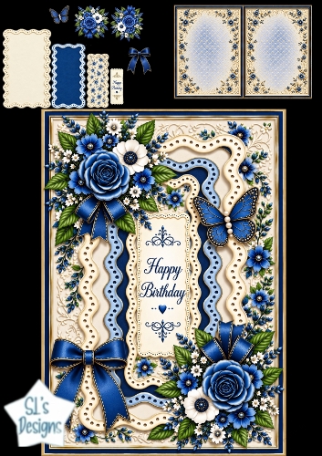 Blue & Gold Rose Birthday – Luxury Floral Card Topper