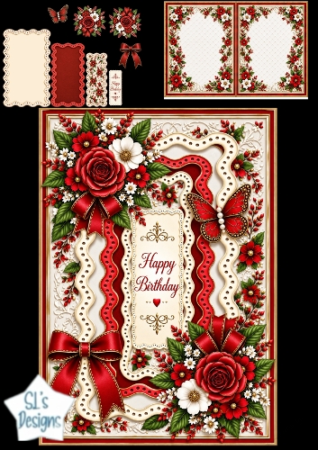 Red Rose & Gold Birthday – Elegant Floral Card Topper