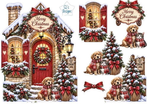Let It Snow Cozy Christmas Cottage with Puppy & Kitten