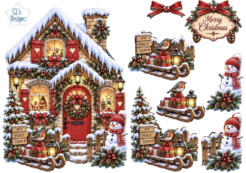Joy • Peace • Love Christmas Cottage with Snowman & Gifts