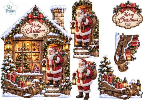 Traditional Santa & Snowy Christmas Cottage with Gift Sleigh