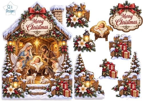 Blue & Gold Nativity Christmas Stable Scene