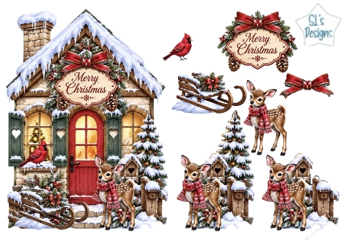 Cozy Christmas Cottage with Deer, Sleigh & Cardinal