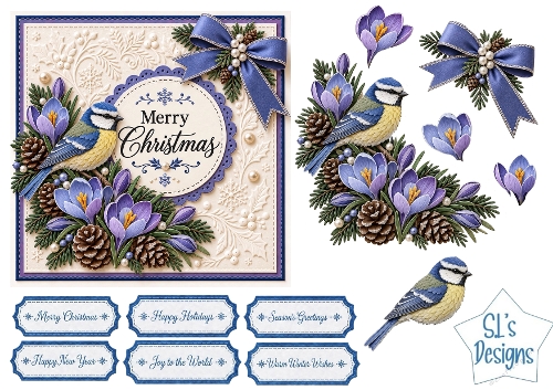 Blue Tit and Purple Crocus Christmas Card Kit with Winter Florals