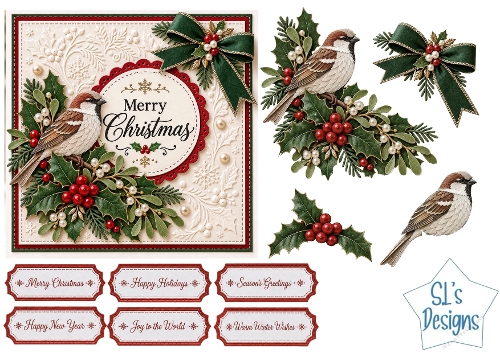 Christmas Sparrow with Holly Berries and Evergreen Foliage Card Kit