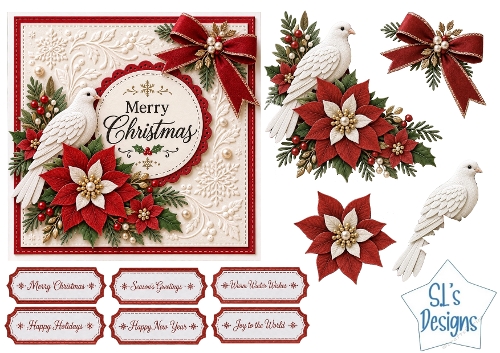 White Christmas Dove and Poinsettia Floral Card Kit for Holiday Crafts