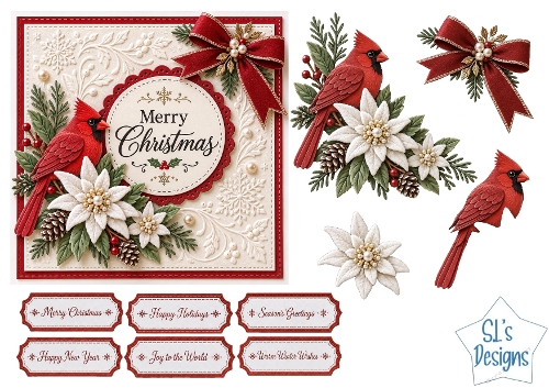 Red Cardinal and White Poinsettia Christmas Card Kit with Festive Florals