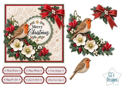 Christmas Robin with Hellebores and Snowdrops Festive Card Kit