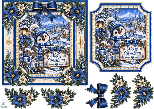 Blue Christmas Penguin • Snowy Village & Gifts