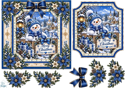 Blue Christmas Snowman • Snowy Village & Winter Florals