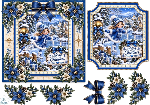 Blue Christmas Skater • Snowy Village & Winter Florals