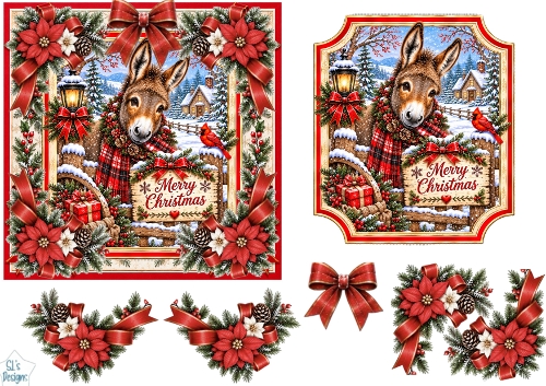Rustic Christmas Donkey • Snowy Farm & Red Festive Florals