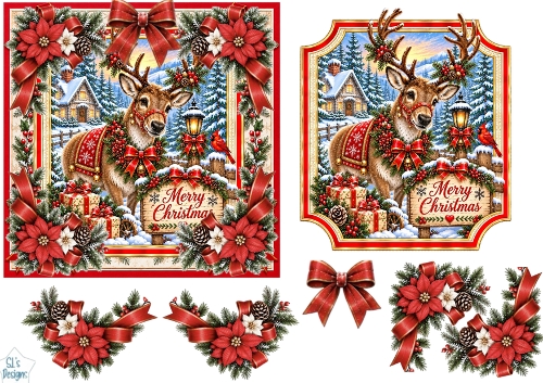 Rustic Christmas Reindeer • Snowy Cabin & Red Festive Florals
