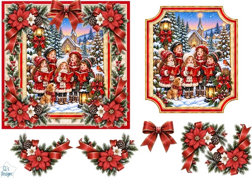 Christmas Carolers • Snowy Church & Festive Red Florals