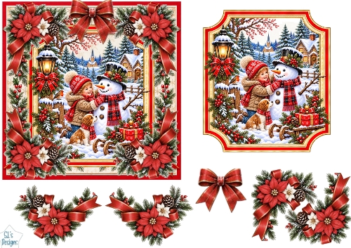 Snowman & Child • Rustic Christmas Winter Scene
