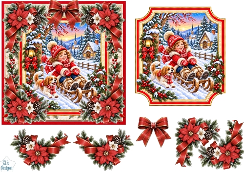 Child on Red Sled • Cozy Christmas Cottage & Winter Dog