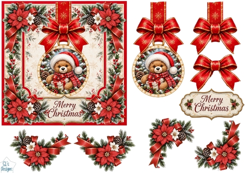 Teddy Bear Santa Ornament • Cozy Christmas Poinsettias & Gifts