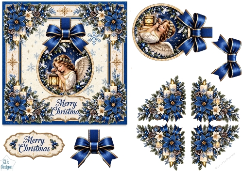Blue Christmas Angel • Lantern, Candles & Winter Poinsettias