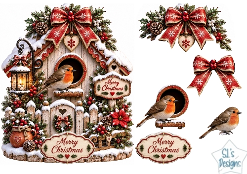 Christmas Birdhouse & Robin • Rustic Winter Florals