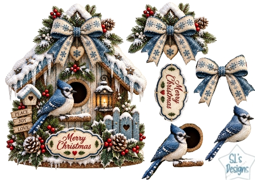 Blue Jay Christmas Birdhouse • Snowy Pinecones & Winter Lantern