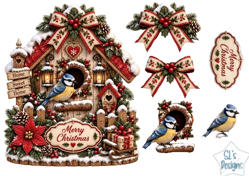 Blue Tit Christmas Birdhouse • Snowy Lanterns & Festive Pinecones