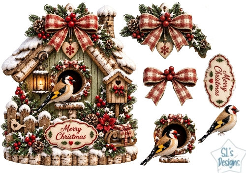 Goldfinch Christmas Birdhouse • Rustic Snowy Pinecones & Plaid Bows