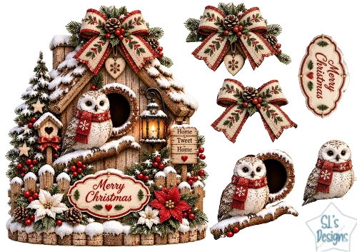 White Owl Christmas Birdhouse • Snowy Poinsettias & Cozy Lantern Glow