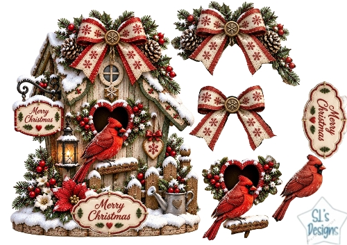 Red Cardinal Christmas Birdhouse • Snowy Pinecones & Festive Winter Bows