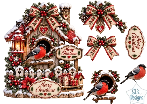 Bullfinch Christmas Birdhouse • Snowy Poinsettias & Festive Winter Bows