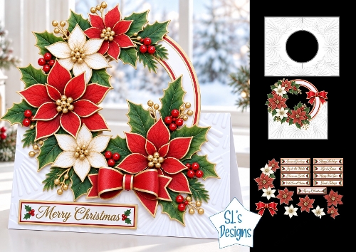 Elegant Poinsettia Christmas Wreath Card Kit with Sentiments