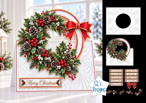 Traditional Christmas Wreath with Pinecones Card Kit & Sentiments