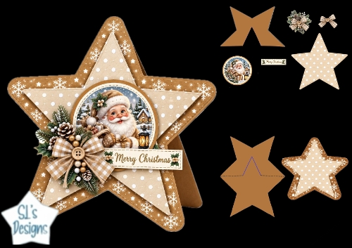 Vintage Santa Star Card • Snowy Lantern & Rustic Christmas Florals