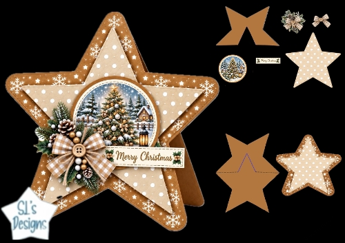 Winter Cottage Christmas Star Card • Snowy Tree & Rustic Lantern Glow