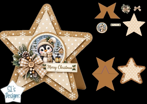 Penguin Christmas Star Card • Snowy Cabin & Lantern Glow