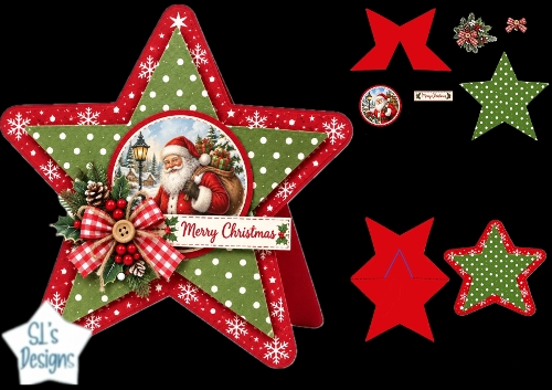 Santa Christmas Star Card • Snowy Village & Festive Red‑Green Layers