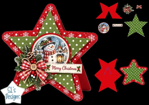 Snowman Christmas Star Card • Lantern Glow & Festive Red‑Green Layers