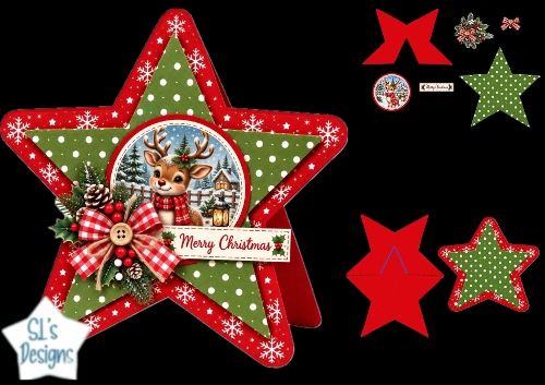 Reindeer Christmas Star Card • Snowy Cabin & Festive Red‑Green Layers