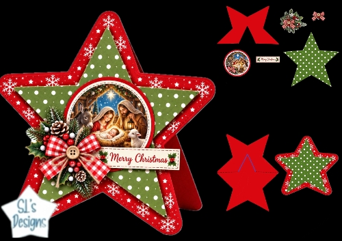 Nativity Christmas Star Card • Holy Family & Festive Red‑Green Layers