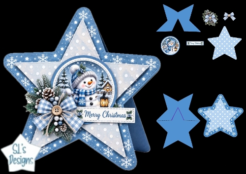 Blue Snowman Christmas Star Card • Lantern Glow & Snowy Winter Cottage