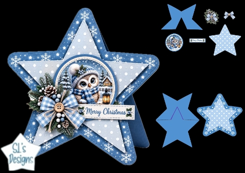 Blue Owl Christmas Star Card • Lantern Glow & Snowy Winter Cottage
