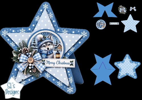 Blue Husky Christmas Star Card • Cozy Winter Pup & Snowy Lantern Scene