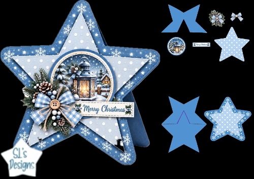 Blue Lantern Christmas Star Card • Snowy Cottage & Winter Glow